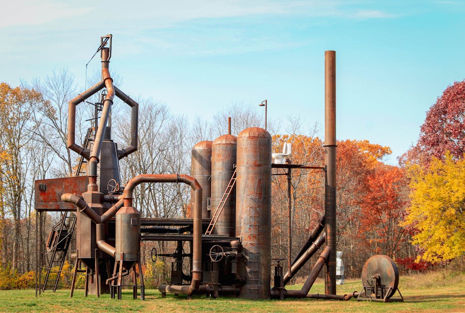 Rust-covered industrial sculpture in an autumn field under a blue sky in Ghent, NY.